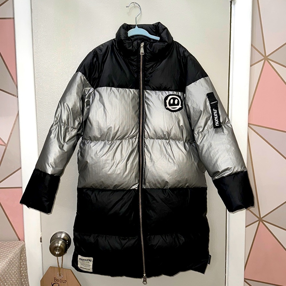 NUNUNU Like New Boys Metallic Black & Silver Skull Parka Down Jacket 6-7